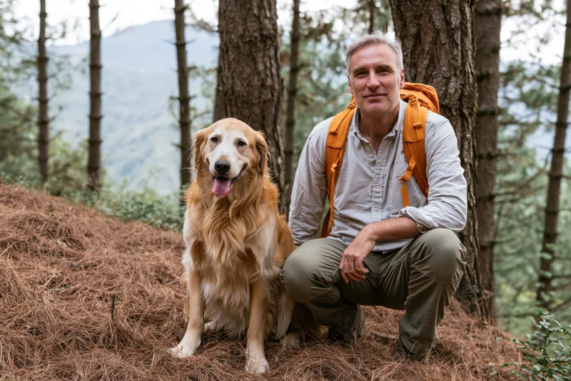 Man crouching beside golden retriever in forest with backpack, surrounded by pine trees and mountains