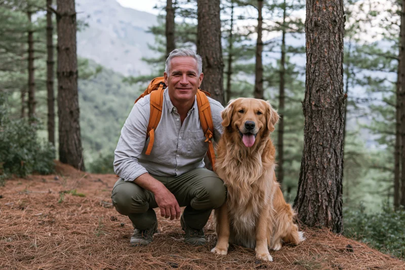 Man crouching beside golden retriever in forest with backpack and mountains in background
