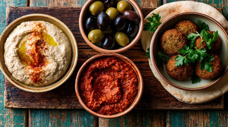 Middle eastern mezze spread with hummus, falafel, olives and harissa on a dark wooden board