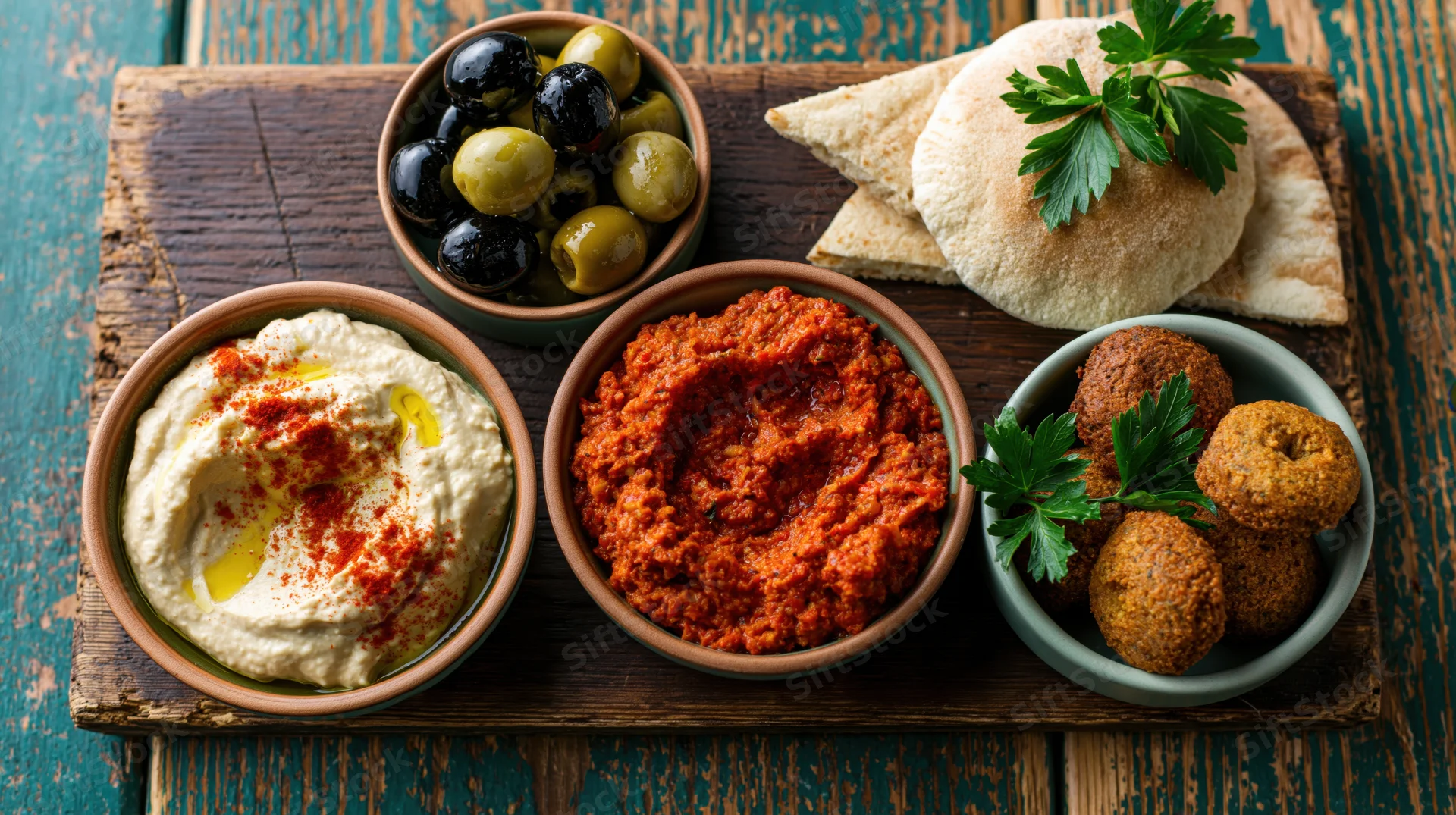 Middle eastern mezze spread with hummus, falafel, olives and pita on a dark wooden board