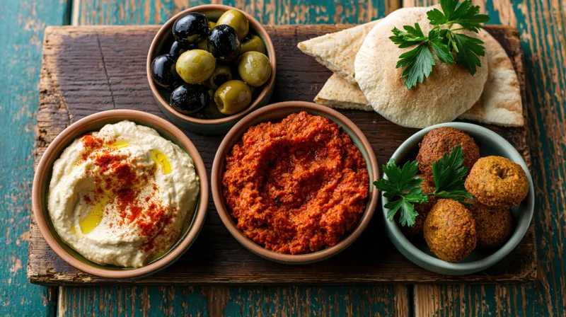 Middle eastern mezze spread with hummus, falafel, olives and pita on a dark wooden board
