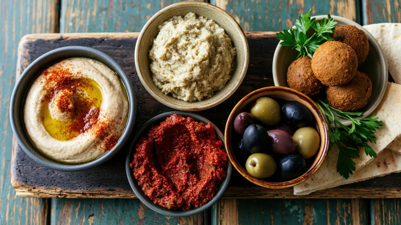 Middle eastern mezze spread with hummus, falafel, olives and pita on a dark wooden board