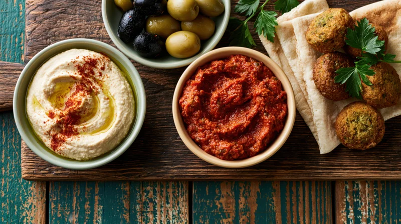 Mezze spread with hummus, baba ghanoush, olives, falafel and pita on a wooden board