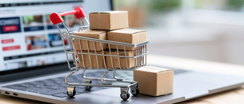 Miniature shopping cart filled with cardboard boxes on laptop keyboard near screen displaying online store