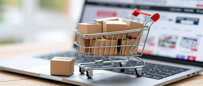 Miniature shopping cart filled with cardboard boxes on laptop keyboard with online store in background