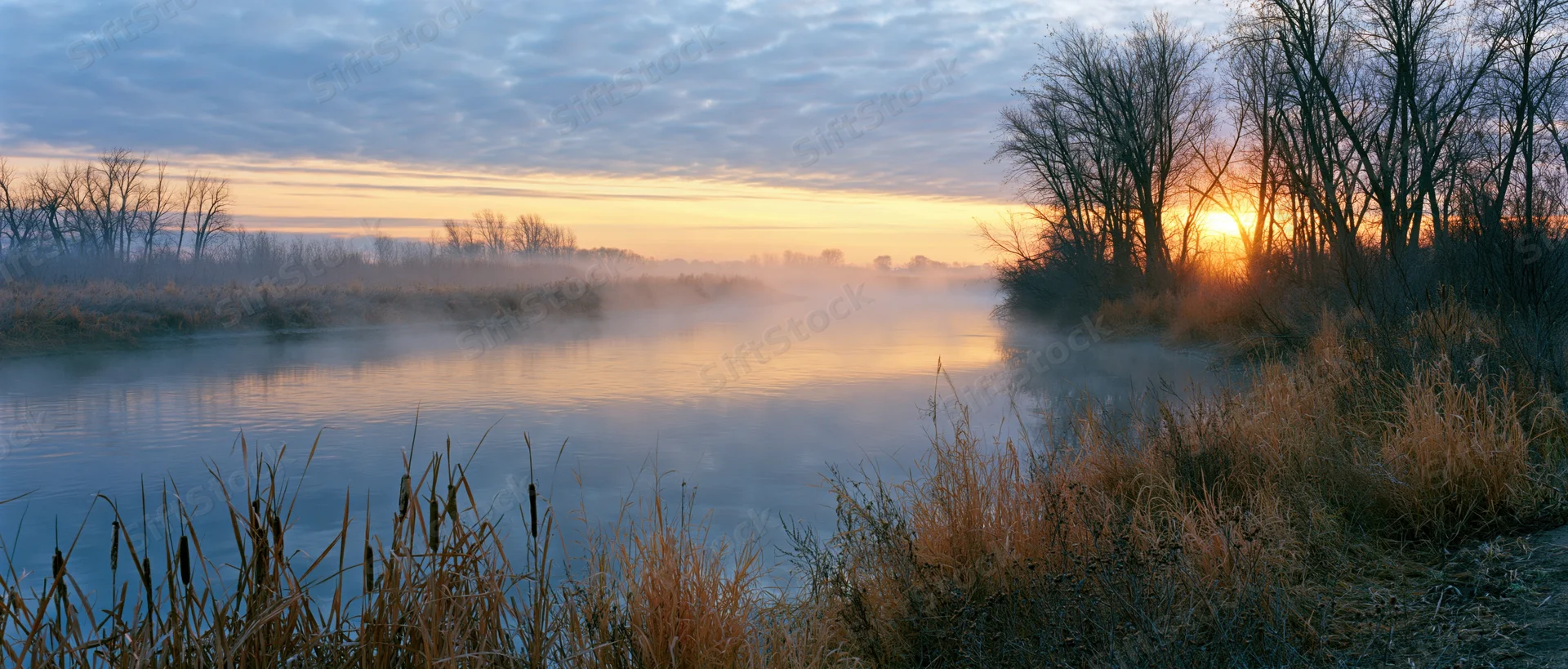 Misty river at sunrise with low fog drifting over calm water and bare trees along the banks