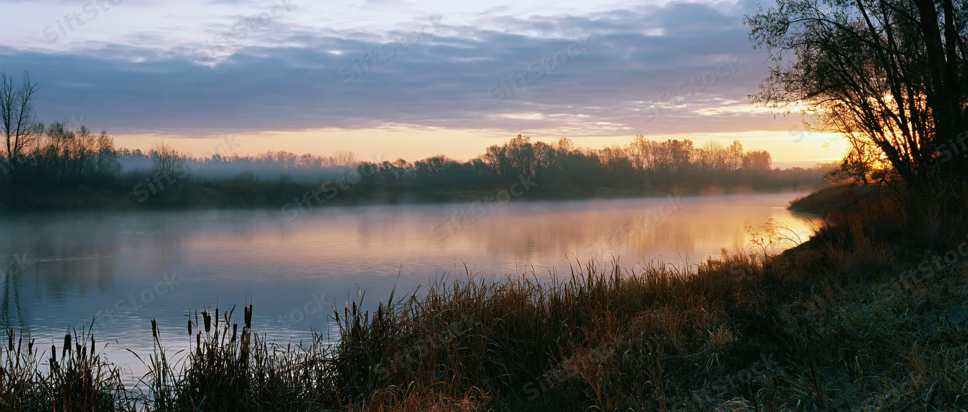 Misty river at sunrise with low fog drifting across the water and trees along the bank