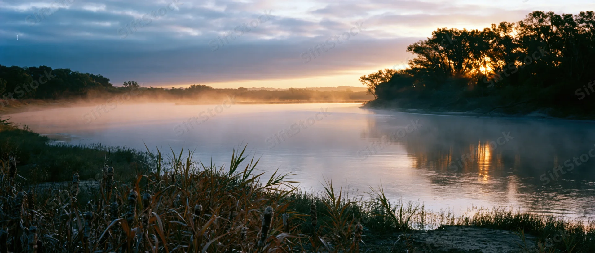 Misty river at sunrise with fog drifting over calm water and trees along the bank