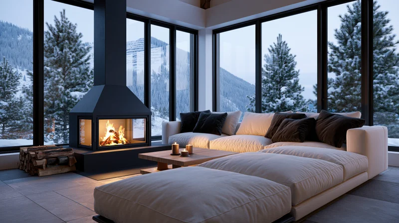 Modern alpine chalet living room with freestanding black fireplace and large windows overlooking snowy mountains