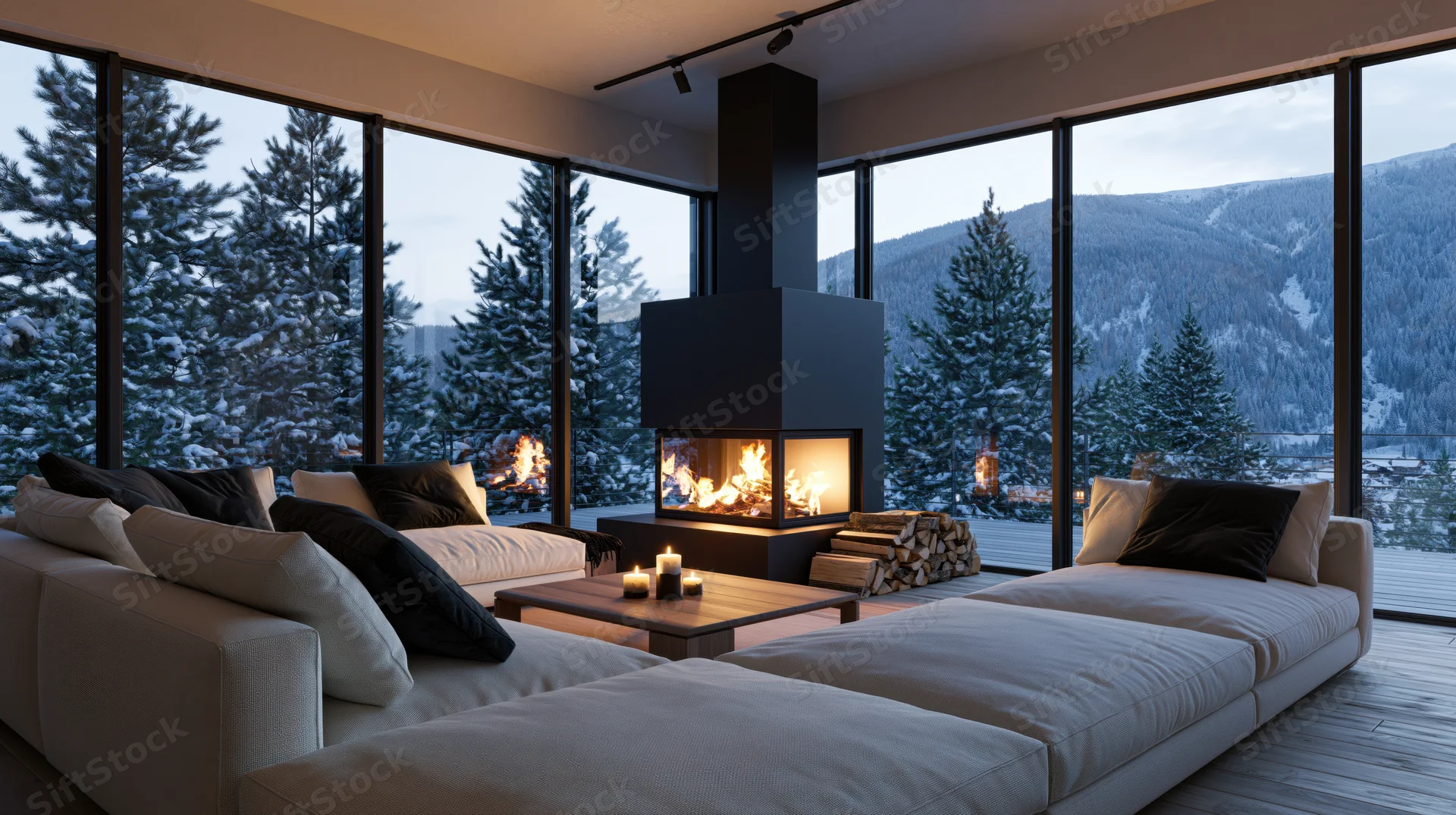 Modern alpine chalet living room with freestanding black fireplace and panoramic snowy mountain view
