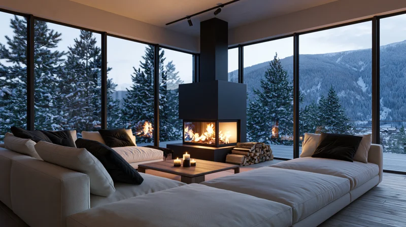 Modern alpine chalet living room with freestanding black fireplace and panoramic snowy mountain view