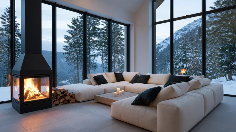 Modern alpine chalet living room with freestanding black fireplace and sectional sofa overlooking snowy mountains through large windows