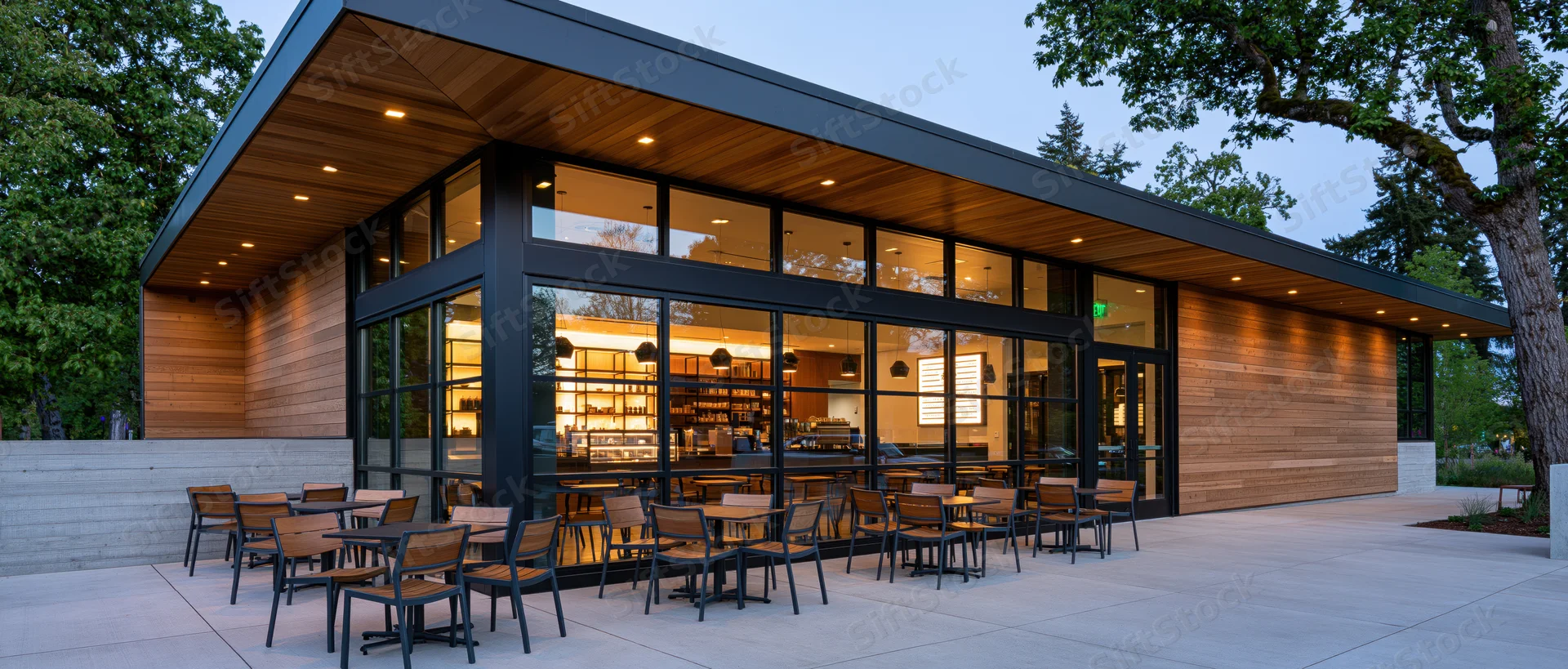 Modern cafe exterior at dusk with glass facade and outdoor seating area