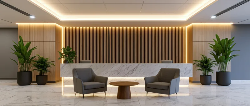 Modern hotel lobby with marble reception desk and seating area