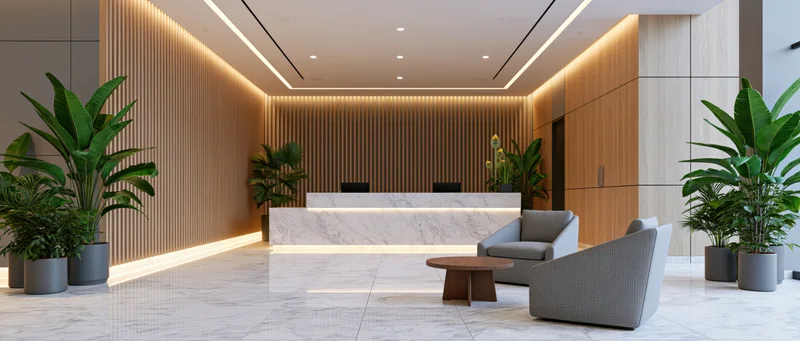 Modern hotel lobby with marble reception desk and potted plants