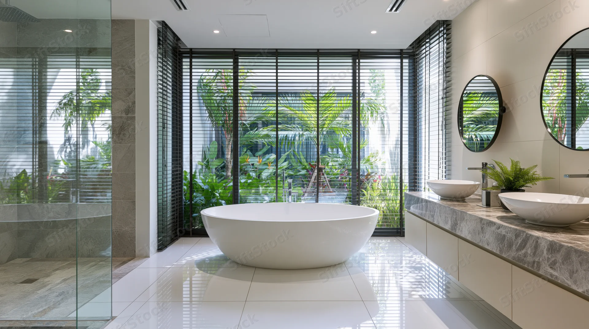 Modern luxury bathroom with freestanding white bathtub and marble vanity by large window overlooking tropical greenery
