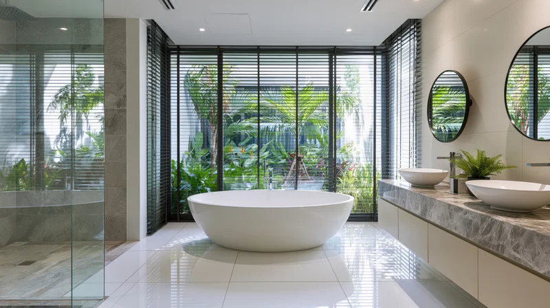Modern luxury bathroom with freestanding white bathtub and marble vanity by large window overlooking tropical greenery