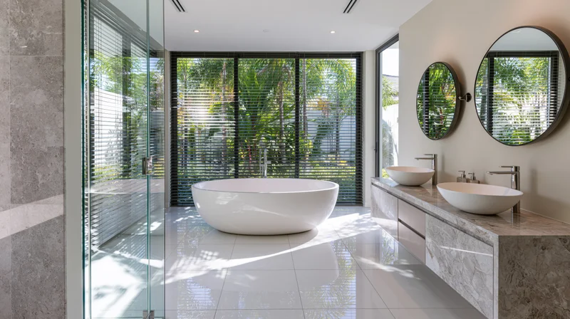 Modern luxury bathroom with freestanding bathtub and marble vanity by large window
