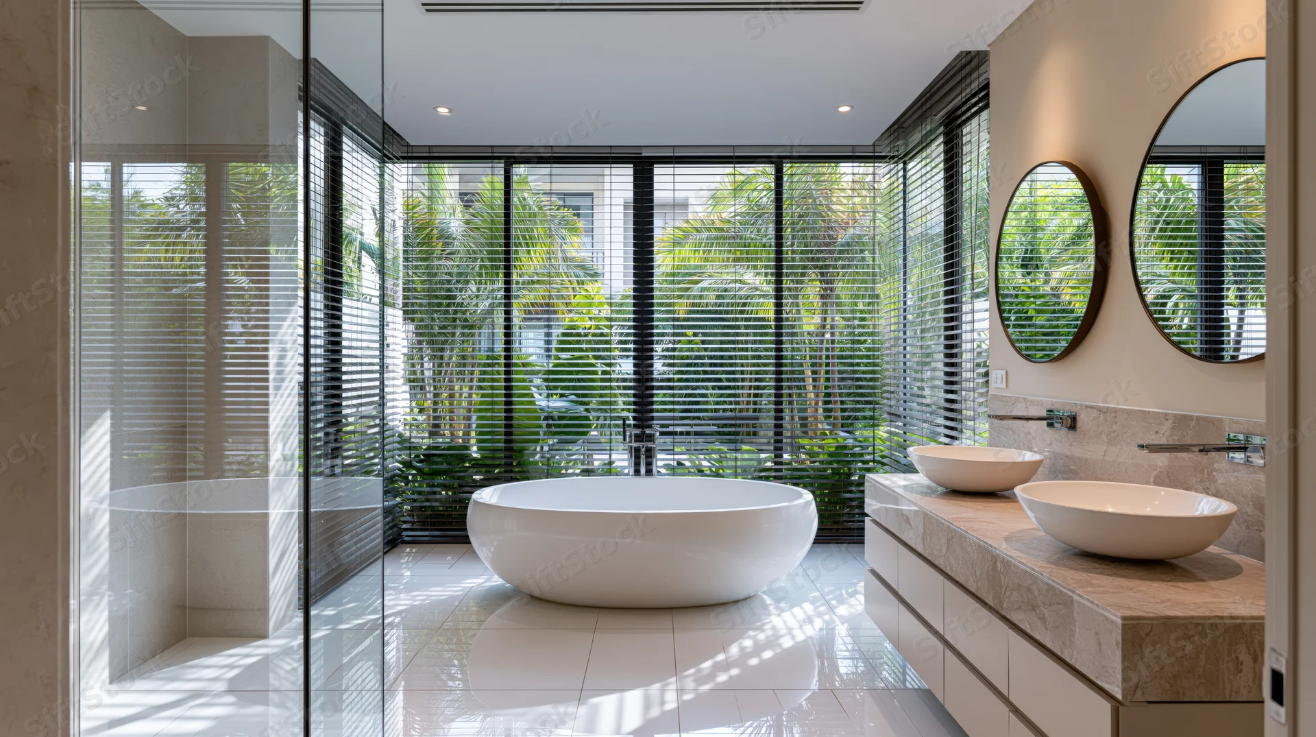 Modern luxury bathroom with freestanding bathtub and marble vanity by large windows overlooking tropical greenery