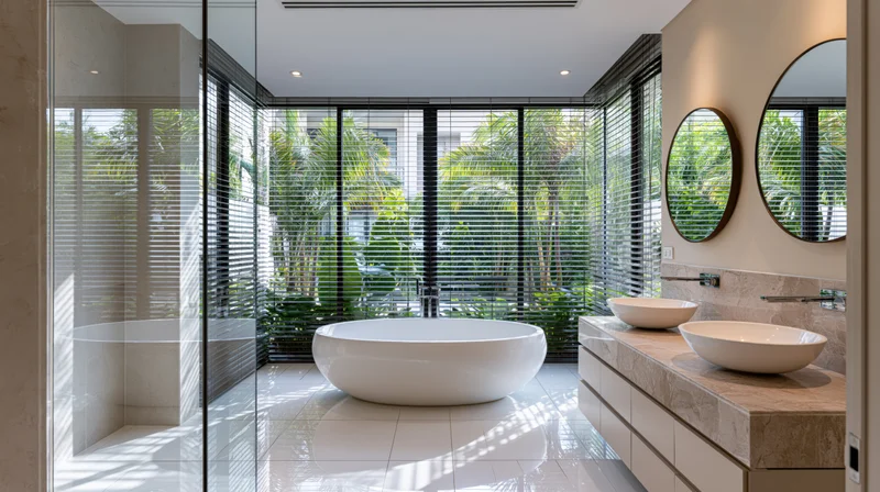 Modern luxury bathroom with freestanding bathtub and marble vanity by large windows overlooking tropical greenery