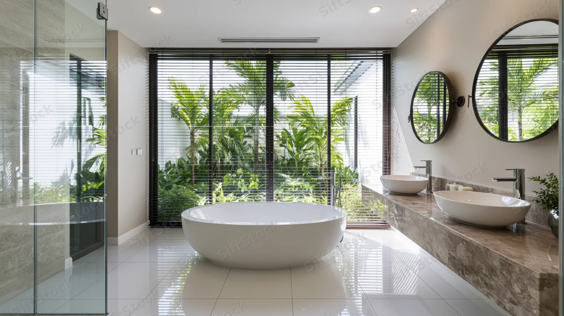 Modern luxury bathroom with freestanding white bathtub and marble vanity by large window overlooking tropical greenery