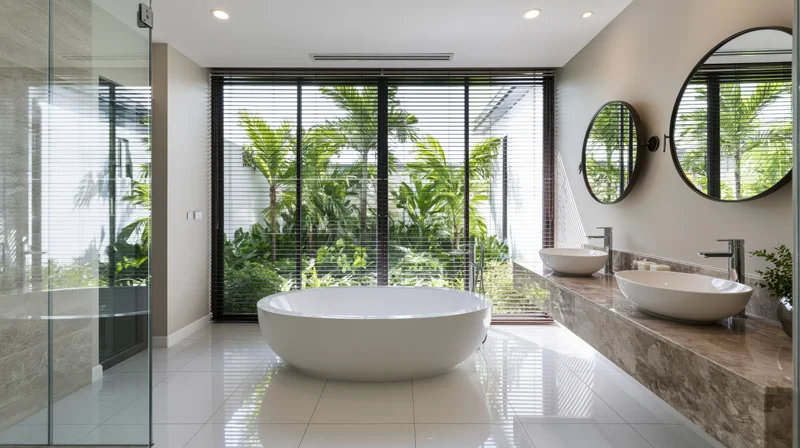 Modern luxury bathroom with freestanding white bathtub and marble vanity by large window overlooking tropical greenery
