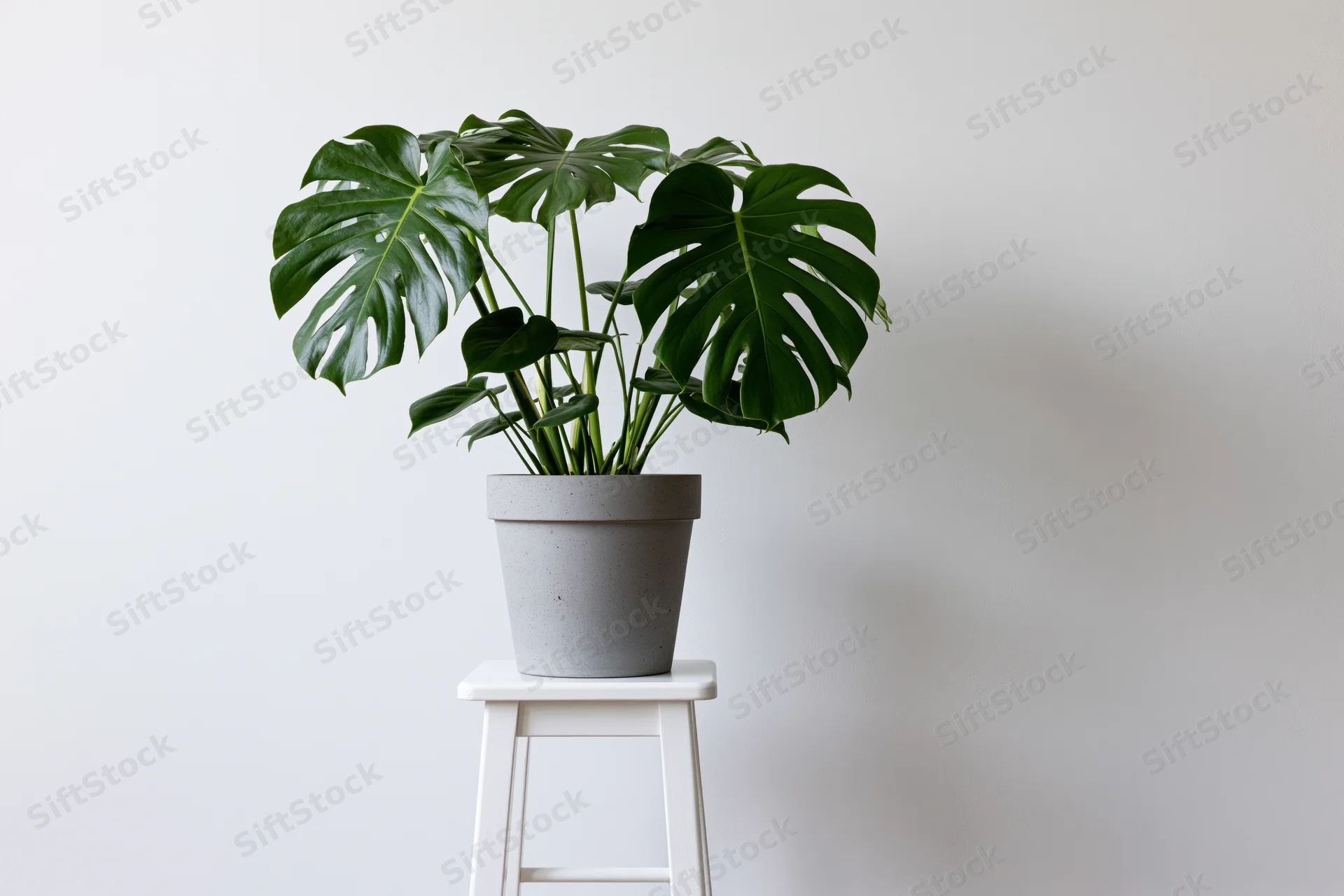 Monstera houseplant with large split leaves on a white stool against a plain wall