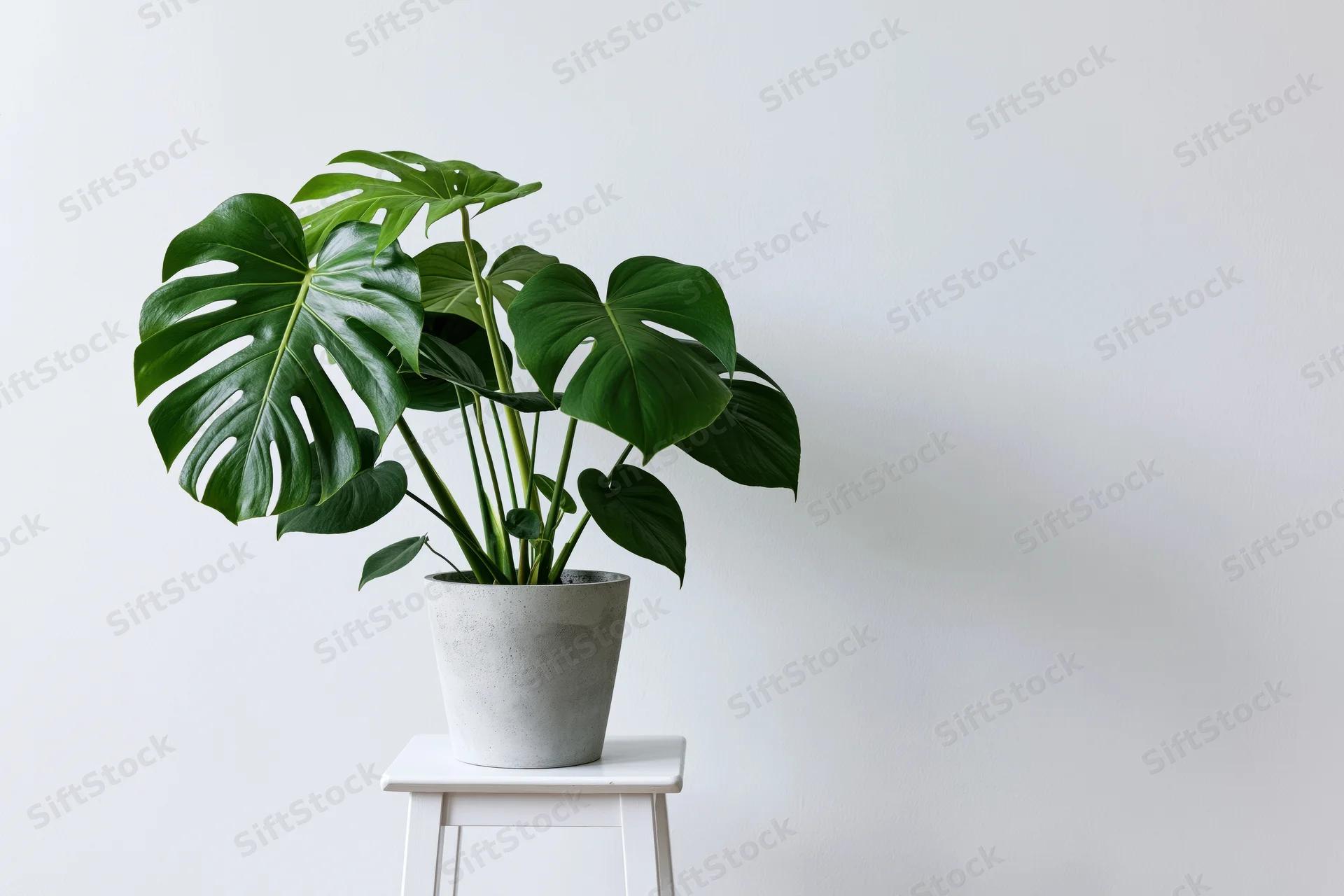 Monstera deliciosa houseplant with large split leaves sitting on a white stool against a plain white wall