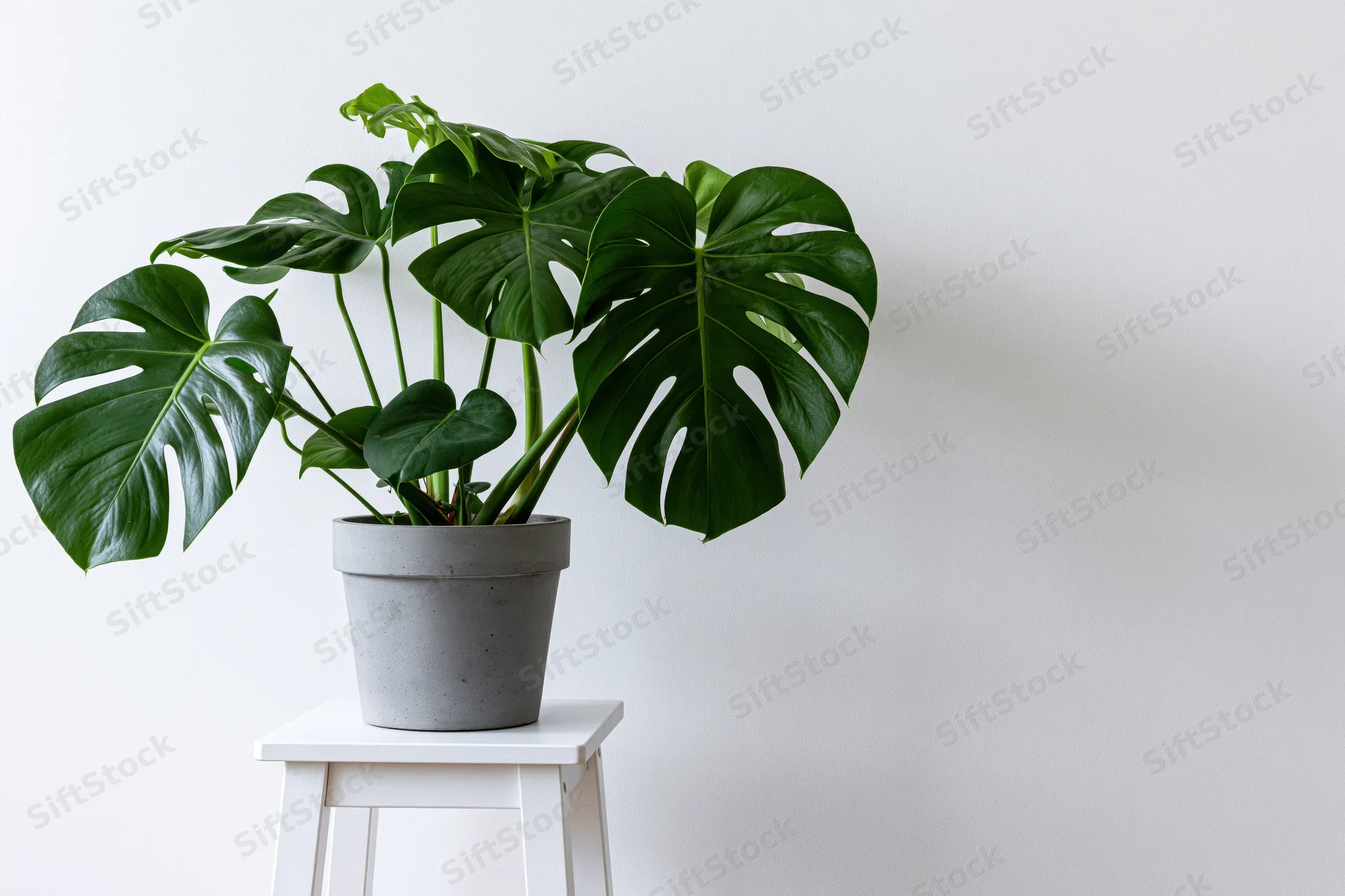 Monstera houseplant with large split leaves in gray pot on white stool against plain wall
