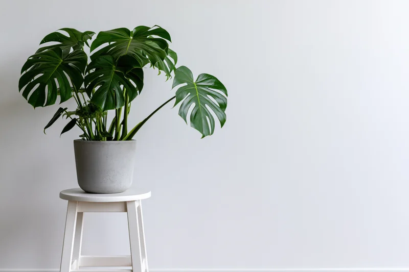 Monstera houseplant with large split leaves on a white stool against a plain wall