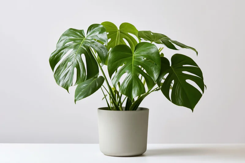 Monstera deliciosa houseplant with large fenestrated leaves in a white ceramic pot on a white surface