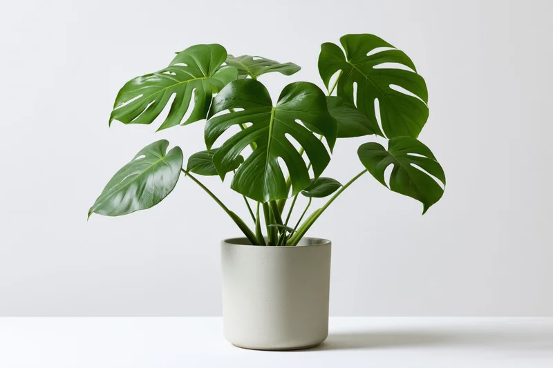 Monstera plant in a white ceramic pot on a white surface