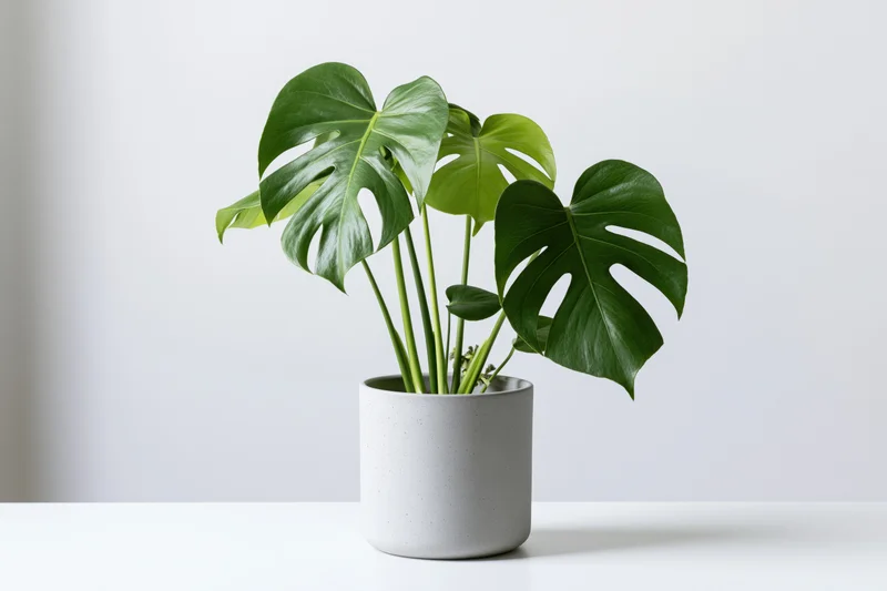 Monstera houseplant in a white ceramic pot on a white surface