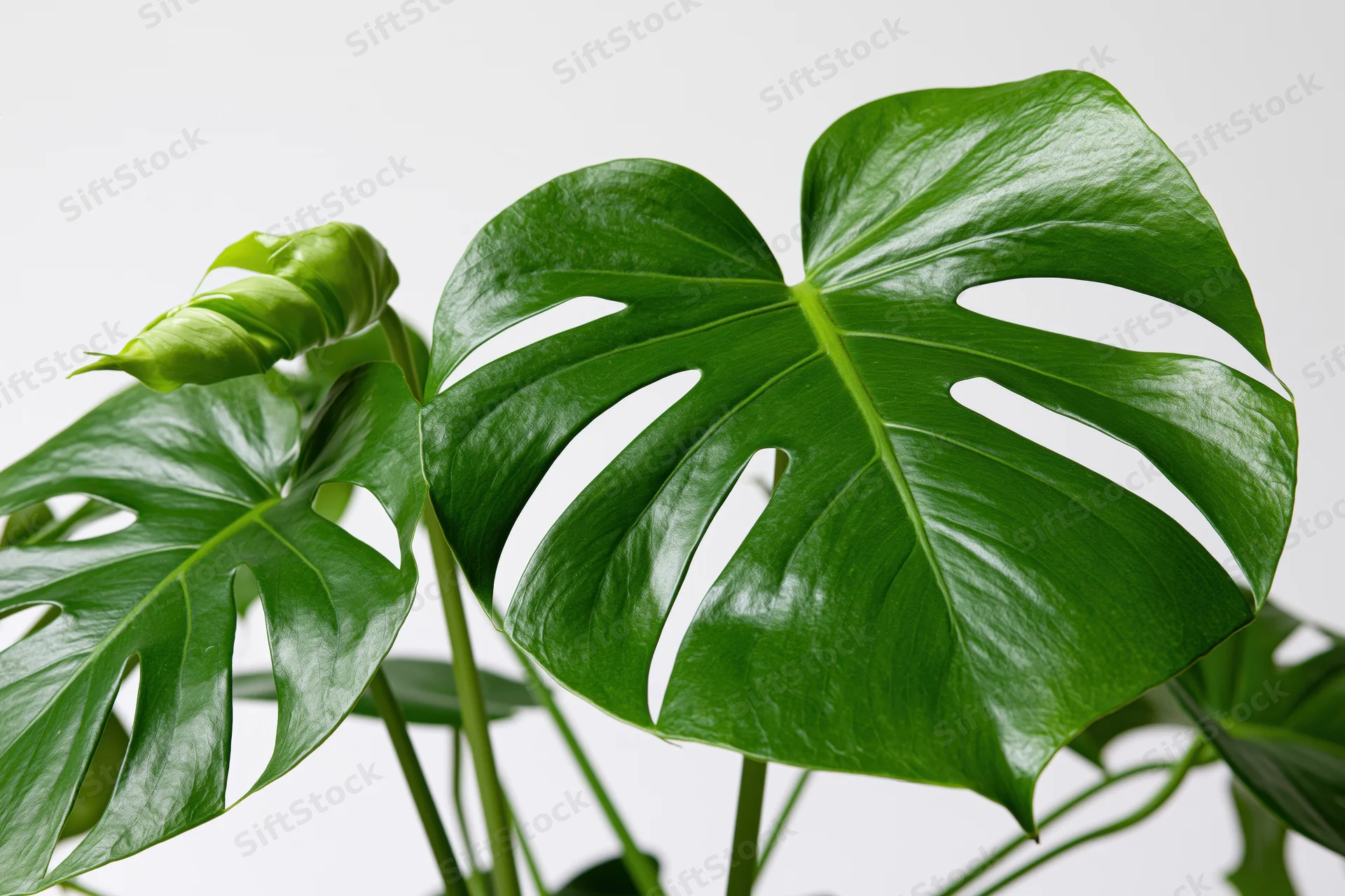 Monstera plant with large split leaves and a new unfurling shoot against a white background