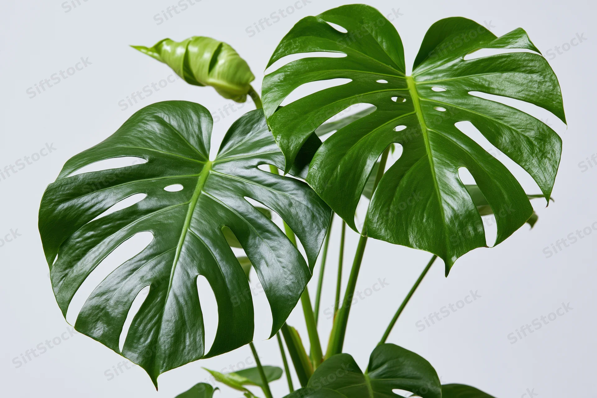 Monstera plant with large split leaves and a new bud against a plain white background