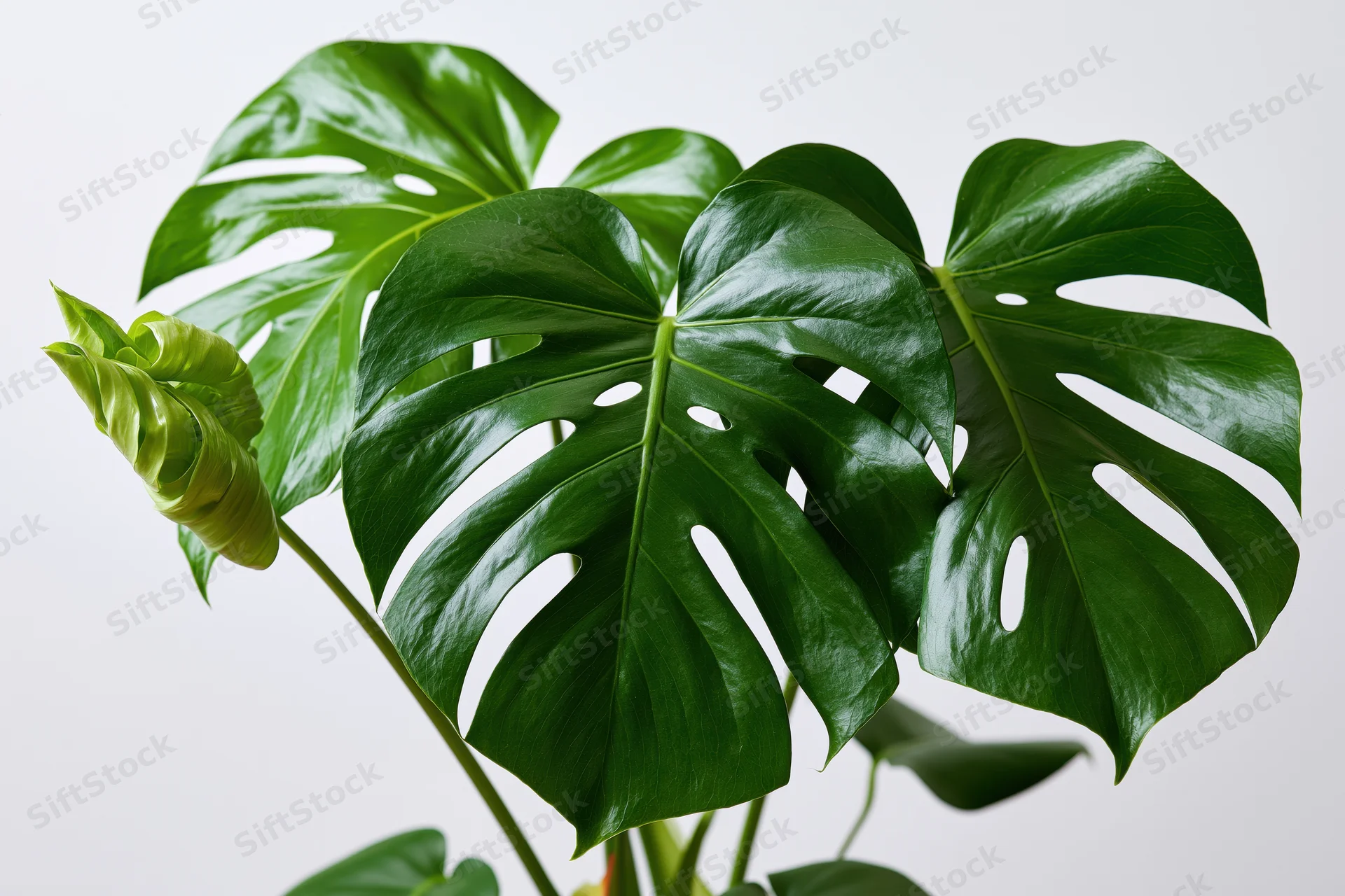 Monstera plant with large split leaves and a new unfurling shoot against a white background