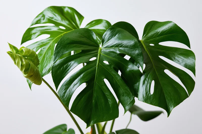 Monstera plant with large split leaves and a new unfurling shoot against a white background