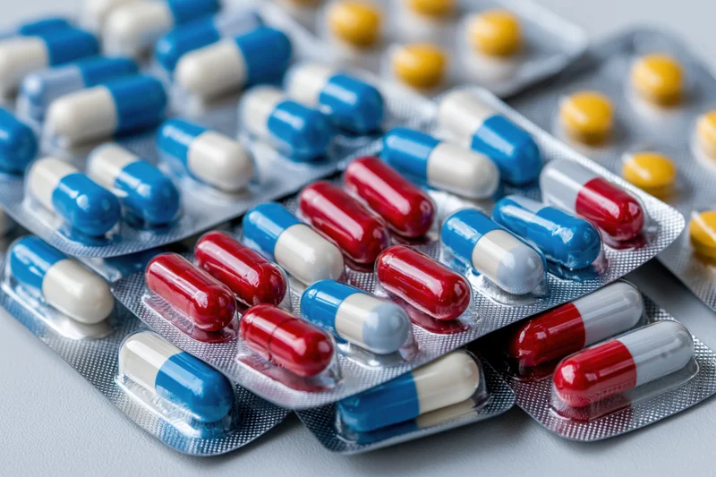 Multiple blister packs of pharmaceutical capsules and tablets arranged on a light surface