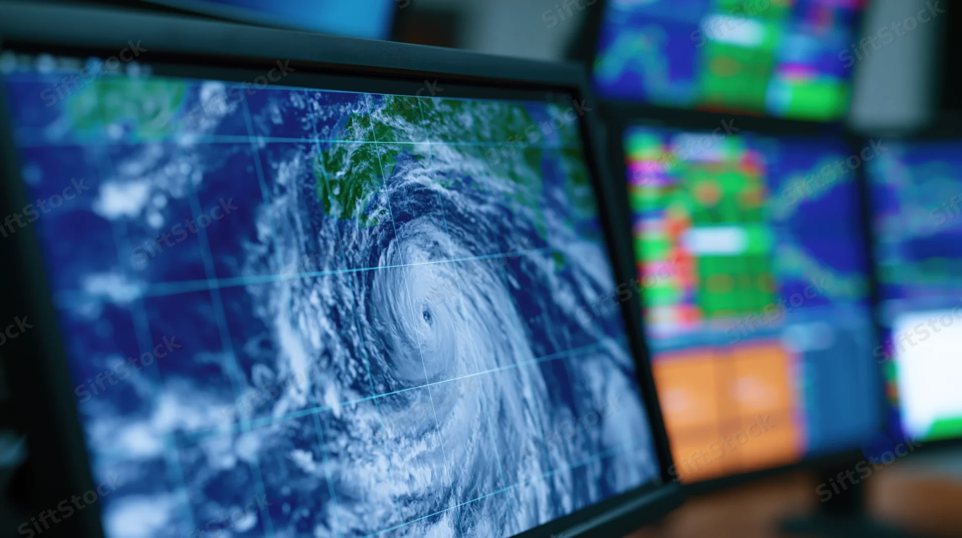 Satellite image of hurricane displayed on computer monitor in operations room