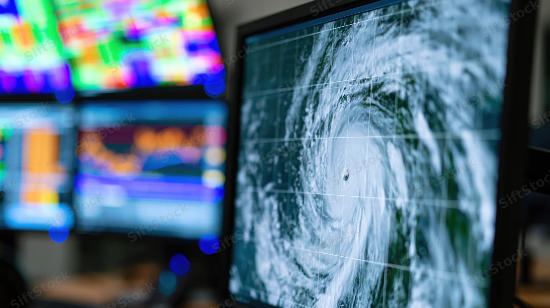 Satellite image of hurricane on monitor in operations room