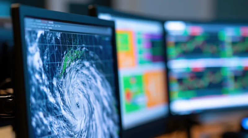 Satellite image of a hurricane displayed on a computer monitor in a dark operations room with multiple screens showing weather data and radar maps