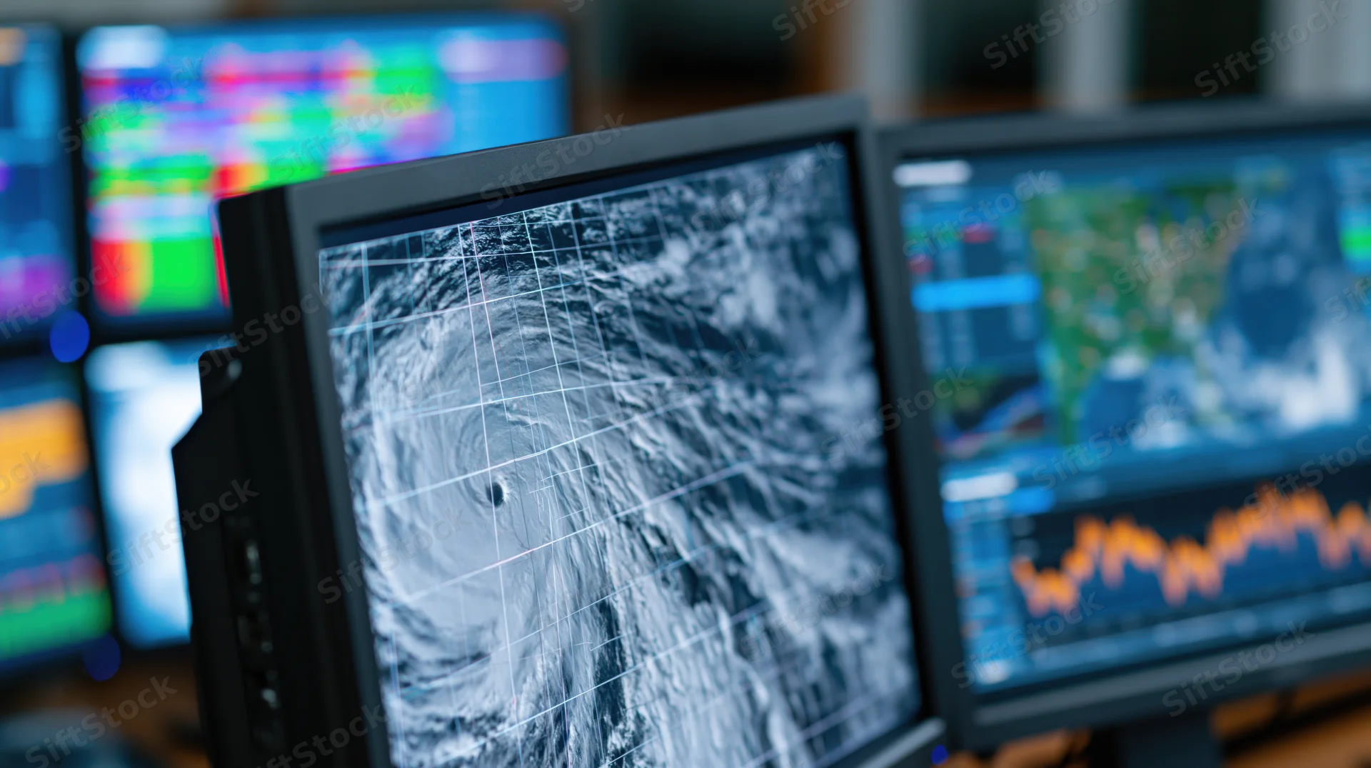Satellite image of hurricane displayed on computer monitor in operations room