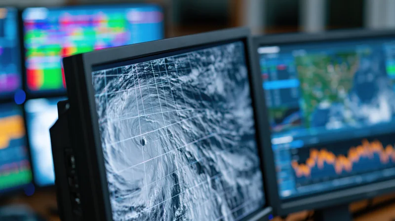 Satellite image of hurricane displayed on computer monitor in operations room