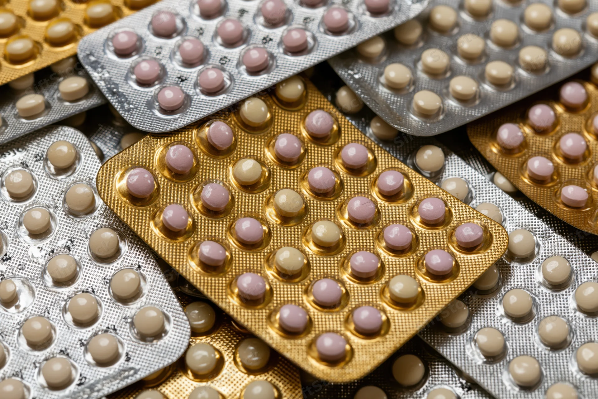 Multiple oral contraceptive pill blister packs arranged overlapping on surface
