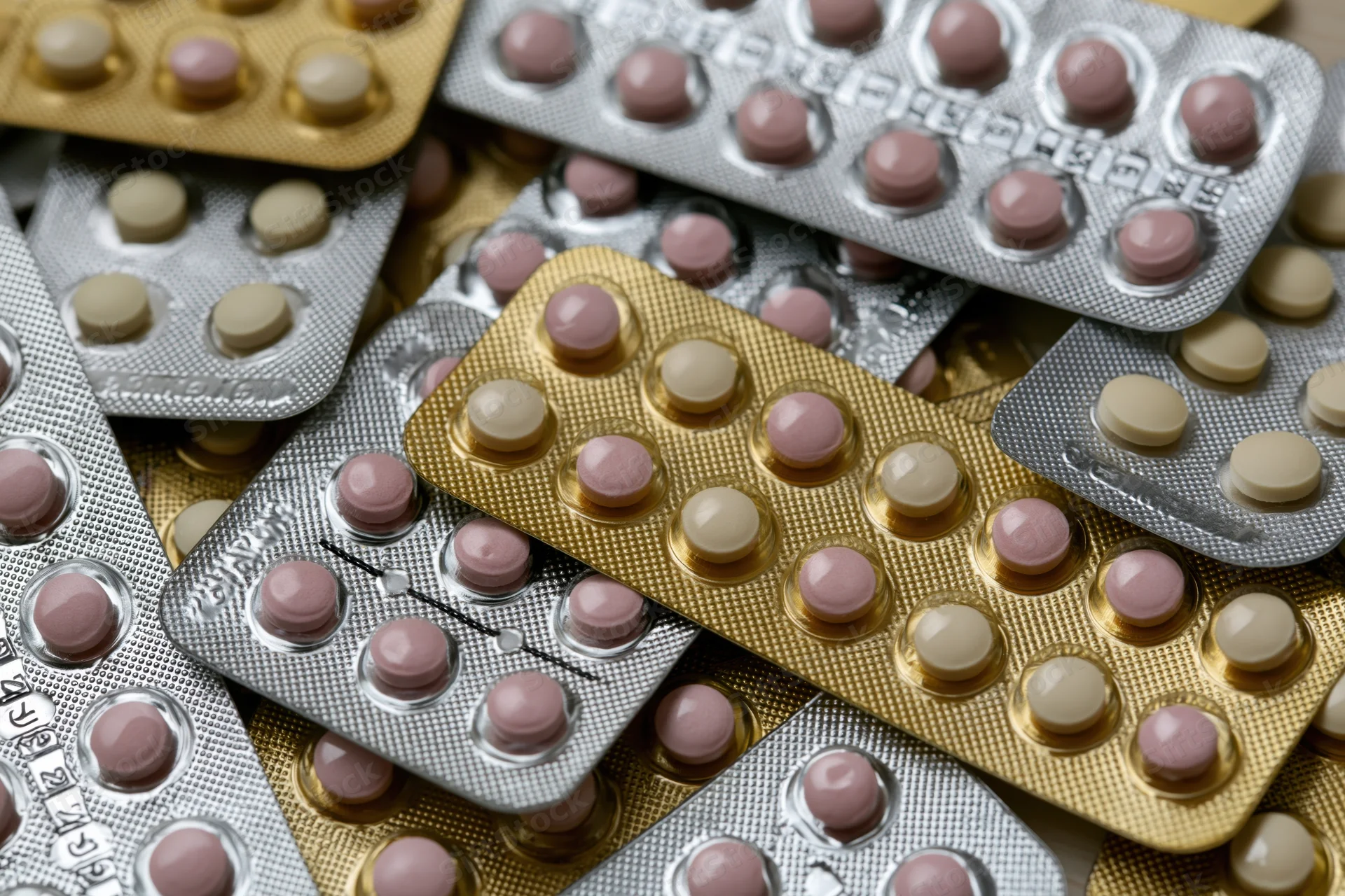 Multiple oral contraceptive pill blister packs arranged overlapping on flat surface