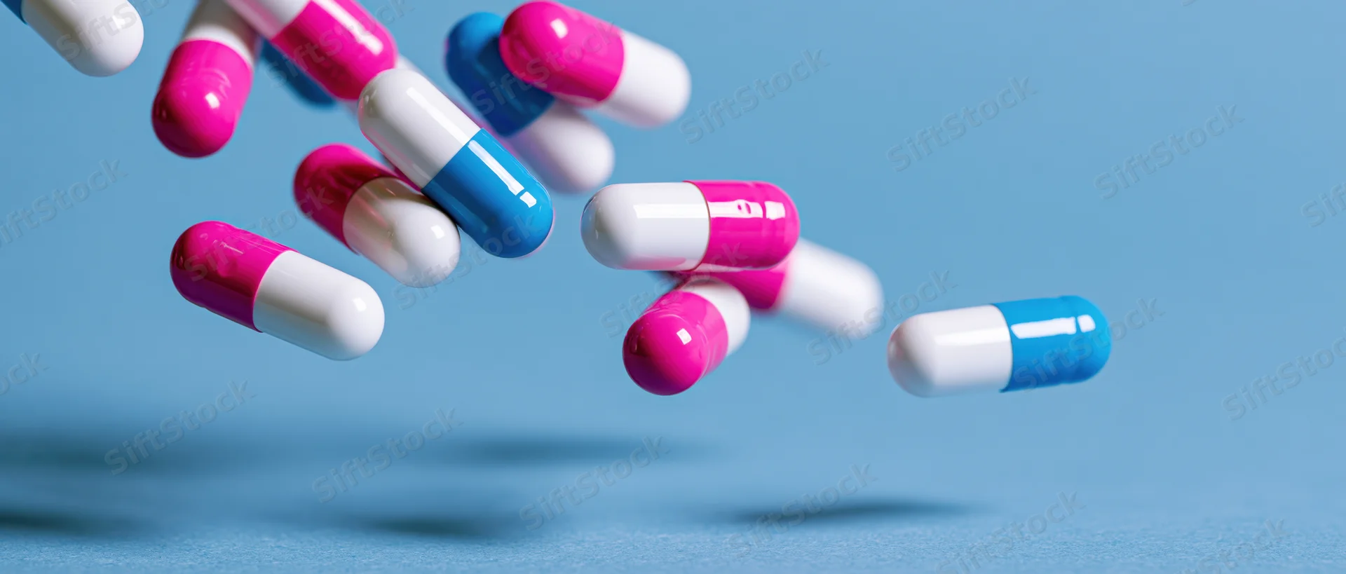 Colorful pharmaceutical capsules falling in mid-air against a blue background
