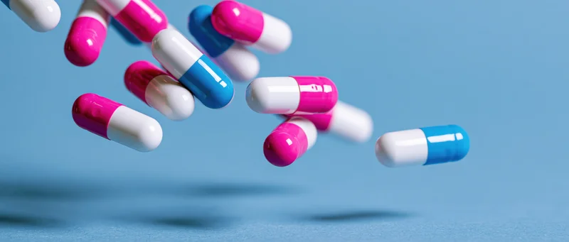 Colorful pharmaceutical capsules falling in mid-air against a blue background