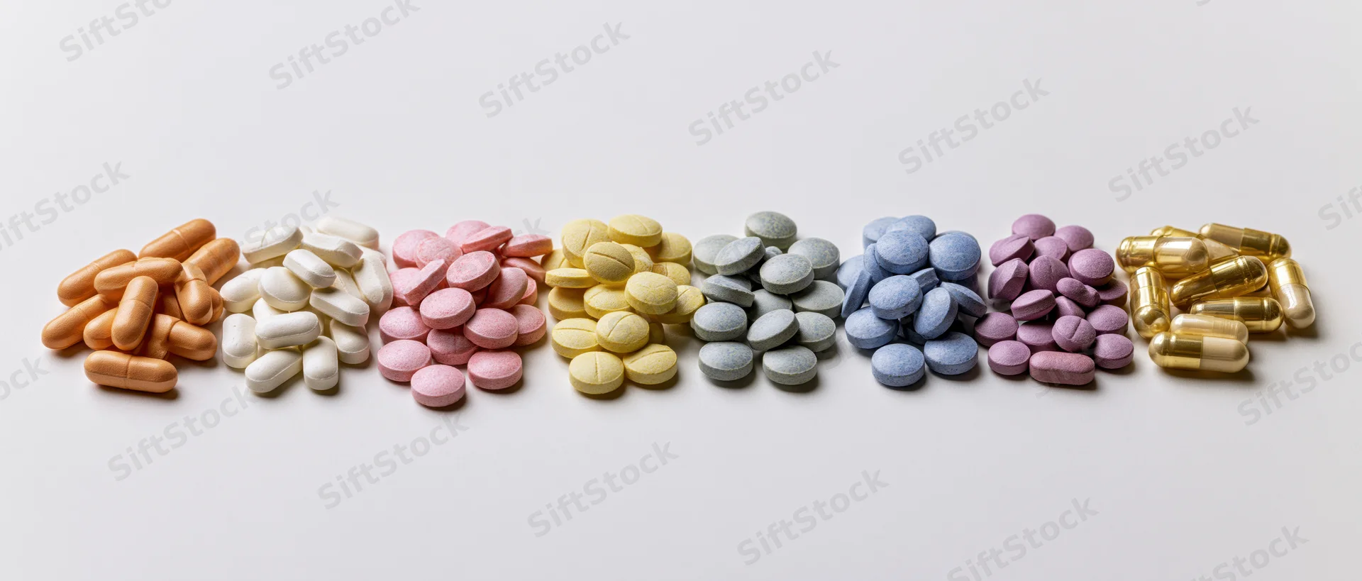 Multiple small piles of assorted pharmaceutical tablets and capsules arranged in a row on a white surface