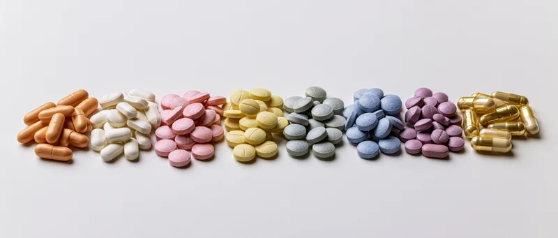 Multiple small piles of assorted pharmaceutical tablets and capsules arranged in a row on a white surface