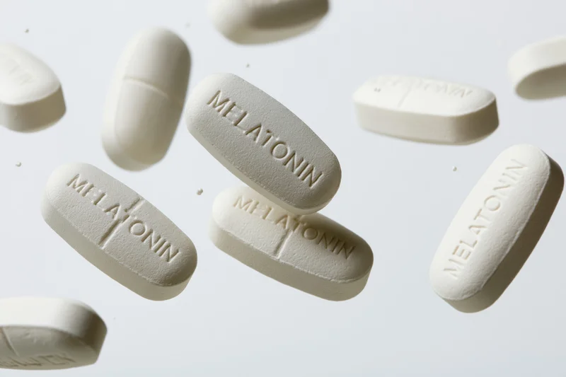 White melatonin supplement tablets floating midair against a plain white background